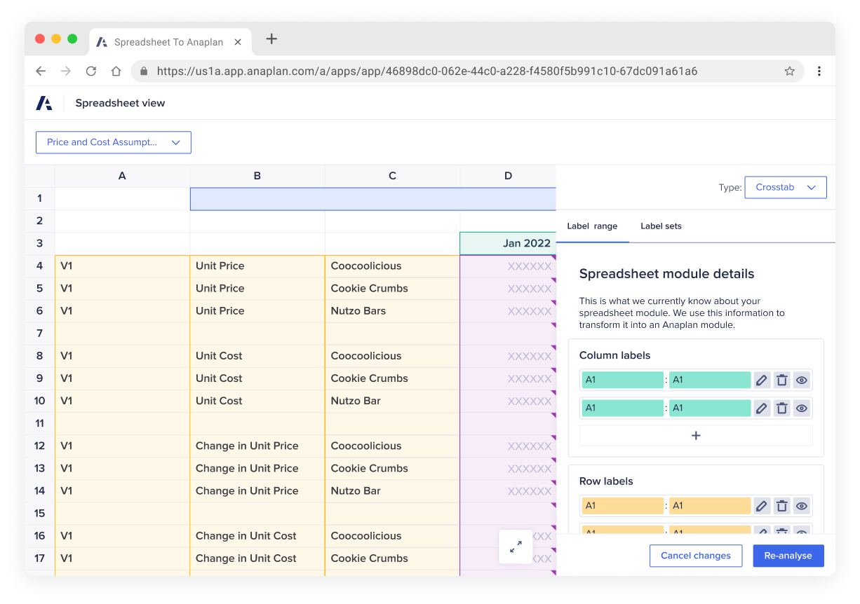 Spreadsheet analysis tool for Anaplan